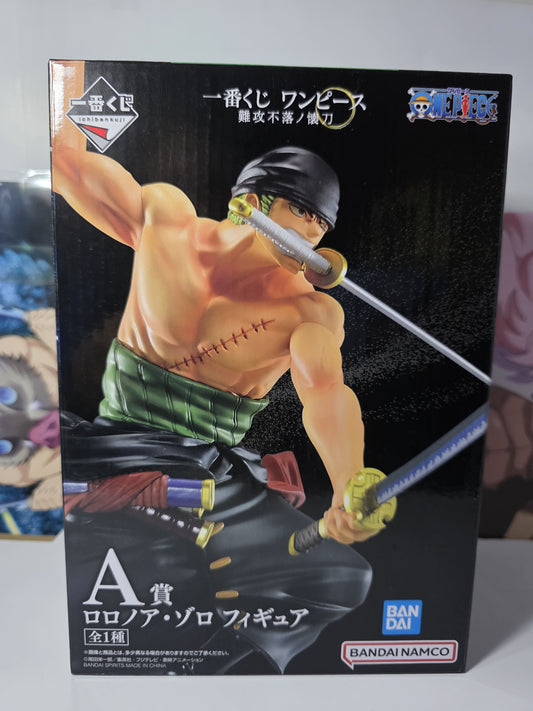 Authentic Bandai Ichiban Kuji One Piece Roronoa Zoro Prize A figure from Japan, dynamic three-sword style combat pose collectible statue unopened in retail box.