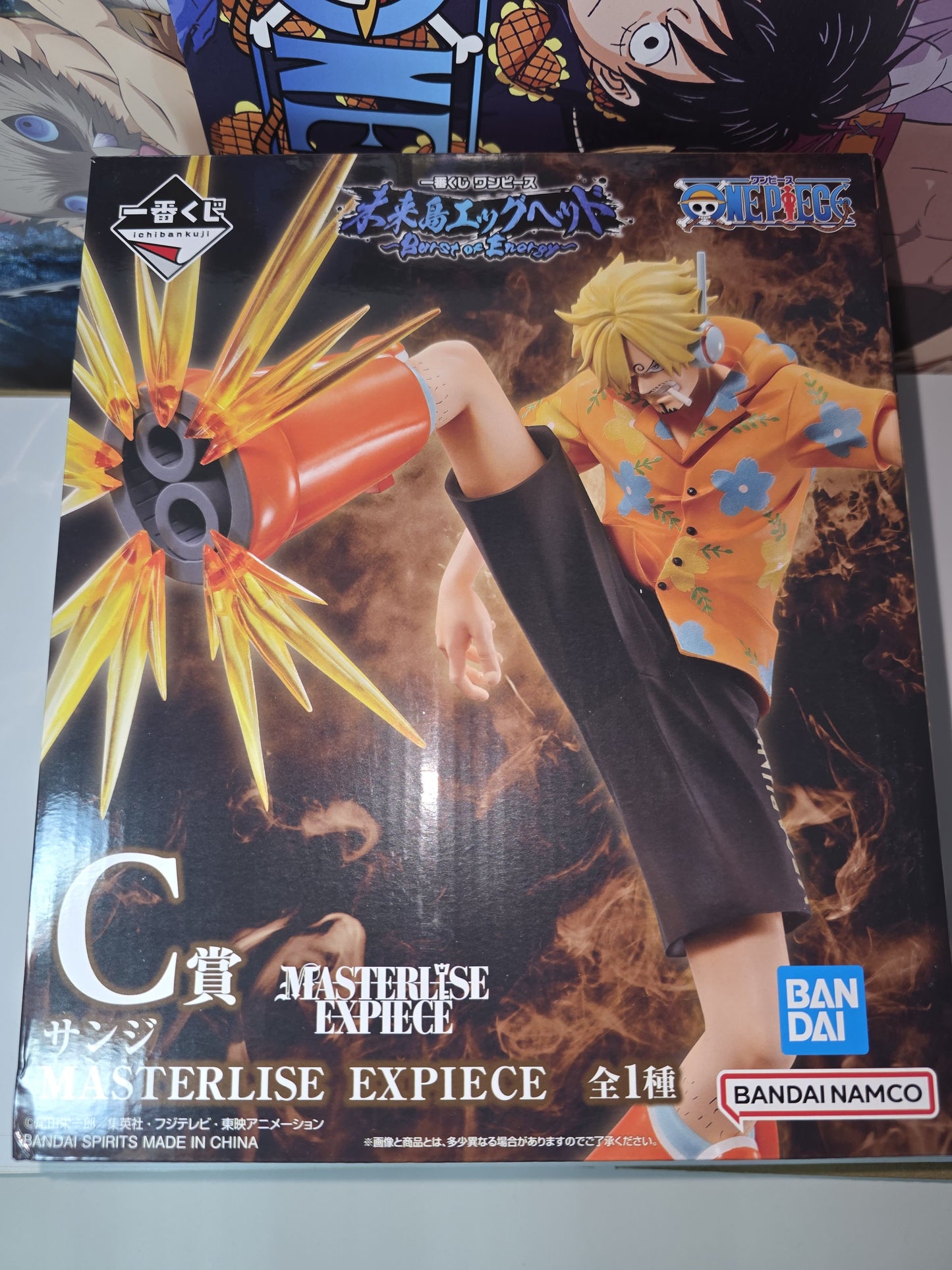 One Piece Sanji Egghead Island Burst of Energy Ichiban Kuji Prize C MASTERLISE EXPIECE figure, authentic Japanese release Sanji kick battle pose anime statue with blast effects.