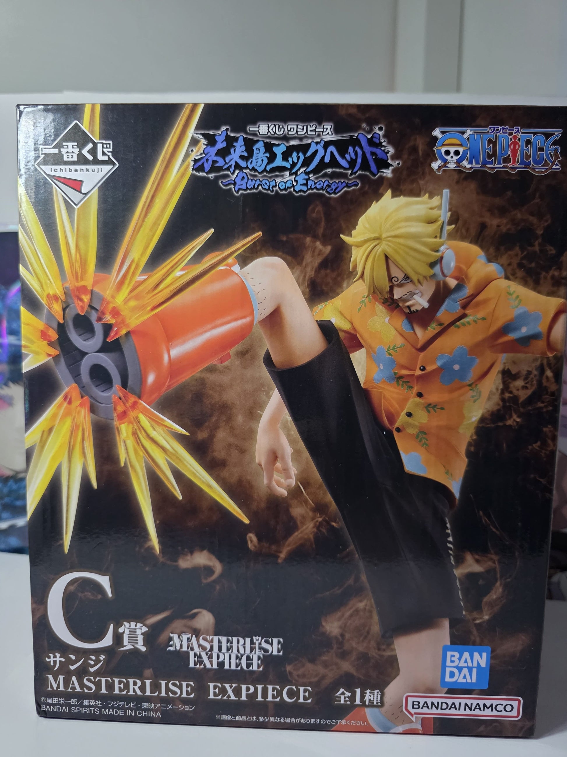 One Piece Sanji Egghead Island Burst of Energy Ichiban Kuji Prize C MASTERLISE EXPIECE figure, authentic Japanese release Sanji kick battle pose anime statue with blast effects.