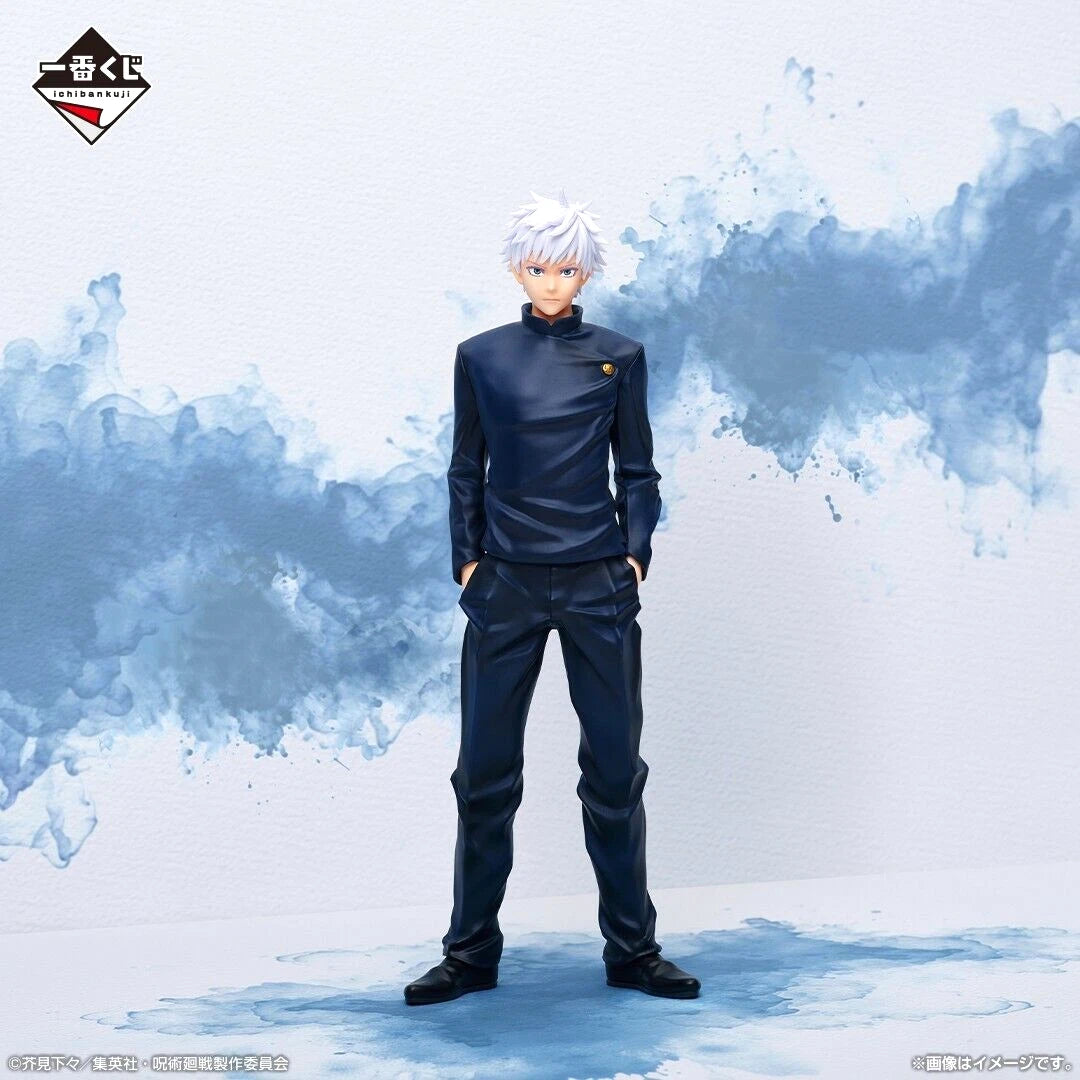 Jujutsu Kaisen Satoru Gojo Ichiban Kuji Prize D figure Japan version, Satoru Gojo in high school uniform standing anime collectible in window display box.