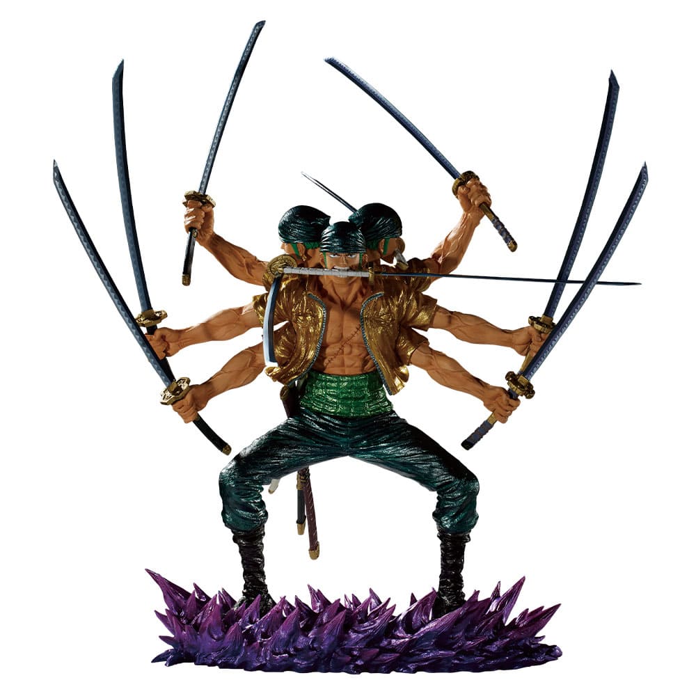 One Piece EX Ichiban Kuji Roronoa Zoro Shikon no Keifu Prize A figure, detailed nine-sword style Ashura demonic form anime statue mint in sealed box.