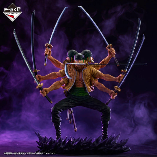 One Piece EX Ichiban Kuji Roronoa Zoro Shikon no Keifu Prize A figure, detailed nine-sword style Ashura demonic form anime statue mint in sealed box.